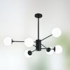 Modern American Style Chandelier, Wrought Iron Paint+Glass Lampshade, Black Dining Room Chandelier, 6 Bulbs (Excluding Bulbs)