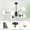Modern American Style Chandelier, Wrought Iron Paint+Glass Lampshade, Black Dining Room Chandelier, 6 Bulbs (Excluding Bulbs)