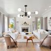 Modern American Style Chandelier, Wrought Iron Paint+Glass Lampshade, Black Dining Room Chandelier, 6 Bulbs (Excluding Bulbs)