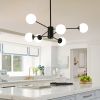 Modern American Style Chandelier, Wrought Iron Paint+Glass Lampshade, Black Dining Room Chandelier, 6 Bulbs (Excluding Bulbs)